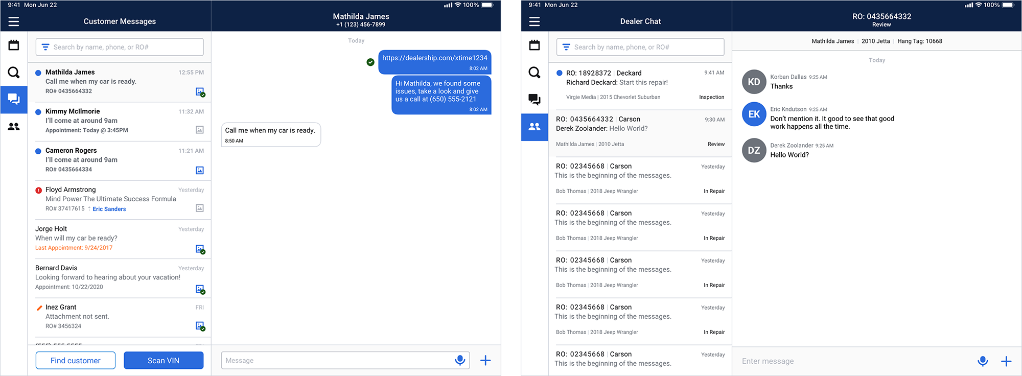 Communications platform: Two-Way Text and Dealer Chat screens | Engage App, iPadOS