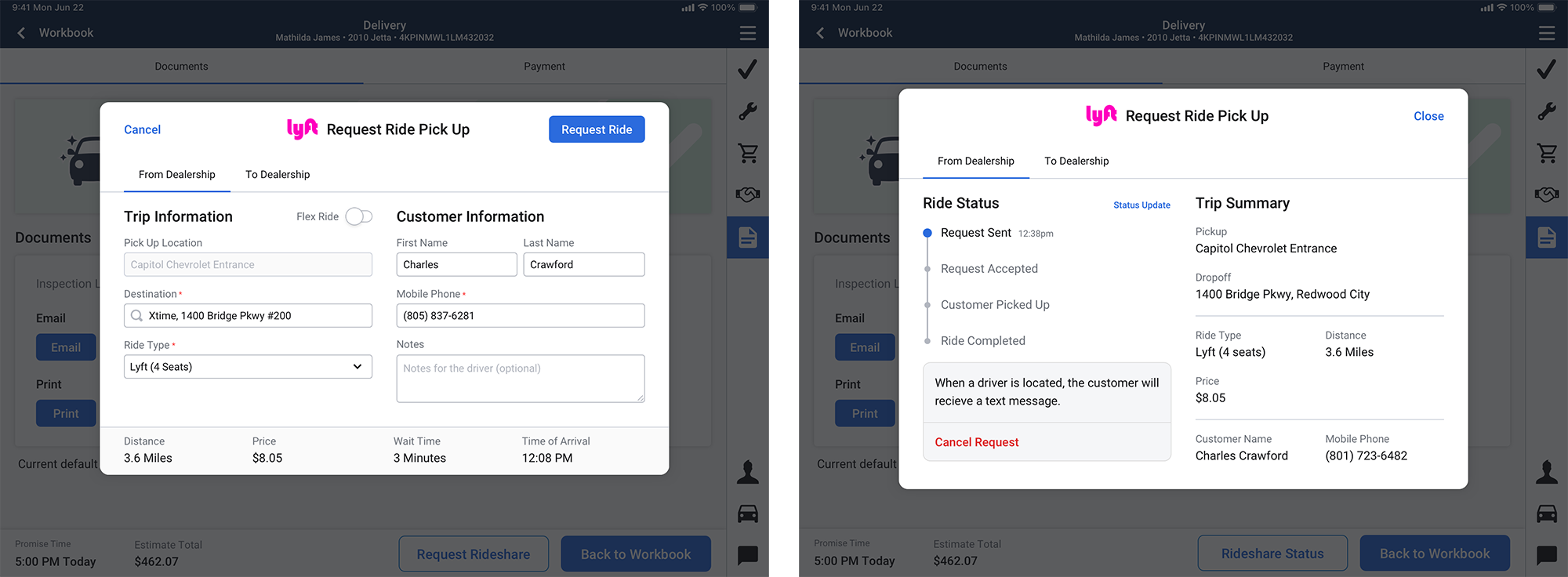 Rideshare Integration: From Dealership and Ride Requested screens | Engage App, iPadOS