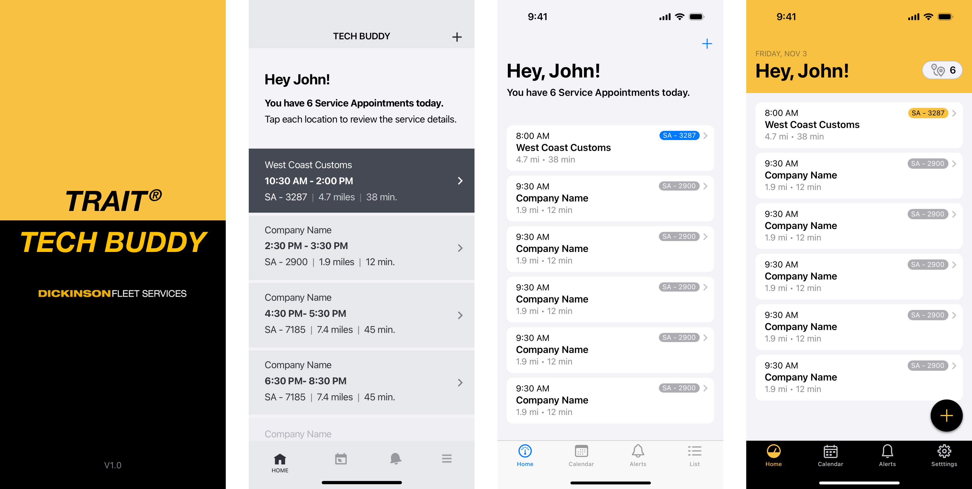 Splash Screen, two wireframes and final visual design of Dashboard view | Trait App, iOS