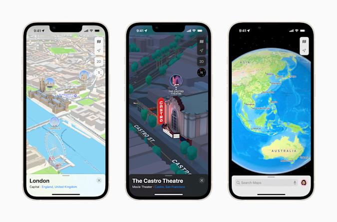 Apple Maps 3D view of London, The Castro Theatre, and Earth