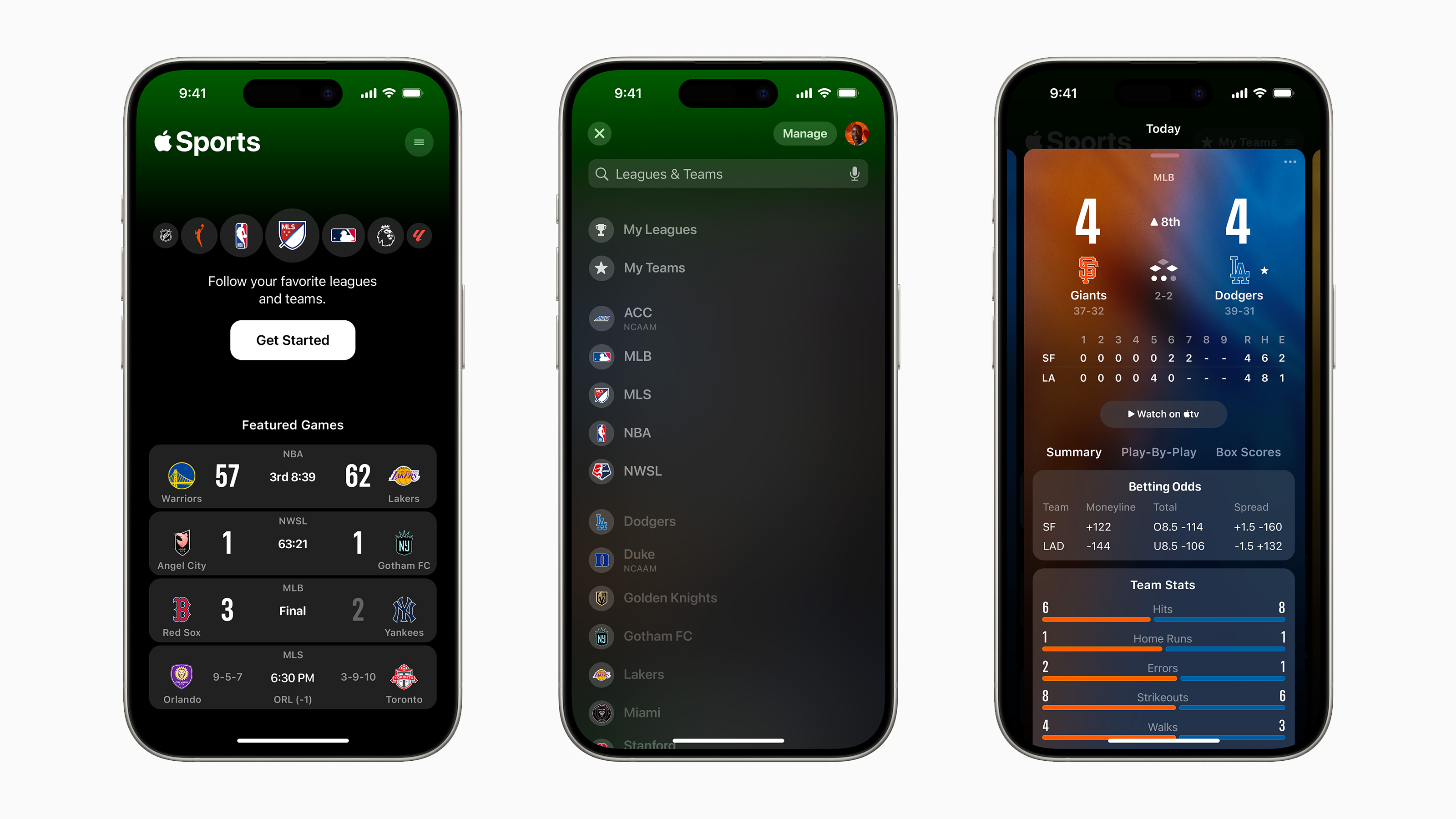 Screens from new Apple Sports app for iOS including dashboard, teams and leagues management, and game details.